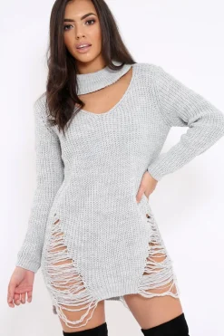Rebellious Fashion Grey High Neck Cut Out Distressed Jumper Dress - Adalyn
