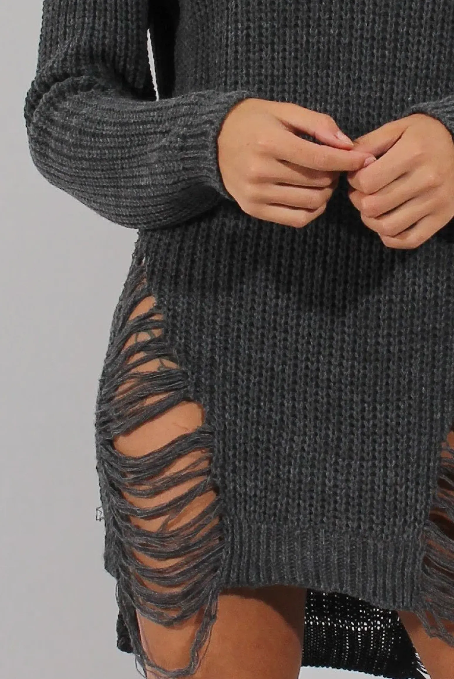 Rebellious Fashion Grey Knitted Cut Out Front Cold Shoulder Distressed Jumper Dress - Jamie