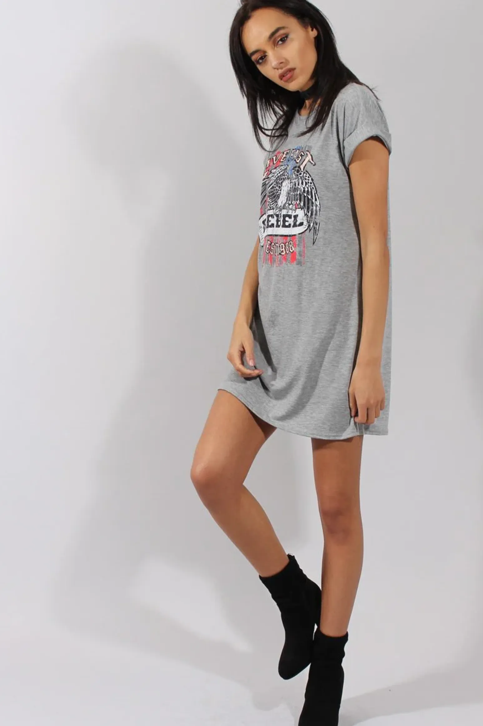 Rebellious Fashion Grey Rebel Slogan Print Tshirt Dress - Juan