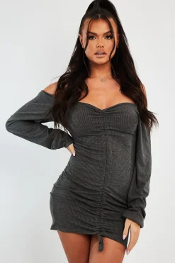 Rebellious Fashion Grey Ribbed Ruched Centre Mini Dress - Nahlia