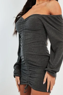 Rebellious Fashion Grey Ribbed Ruched Centre Mini Dress - Nahlia