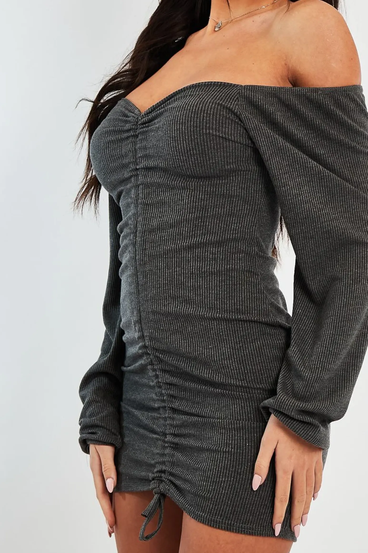 Rebellious Fashion Grey Ribbed Ruched Centre Mini Dress - Nahlia