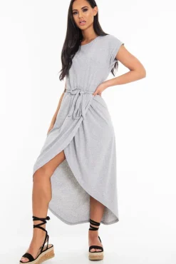 Rebellious Fashion Grey Scoop Neck Belted Wrap Maxi Dress - Allie