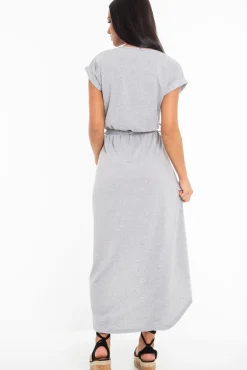 Rebellious Fashion Grey Scoop Neck Belted Wrap Maxi Dress - Allie
