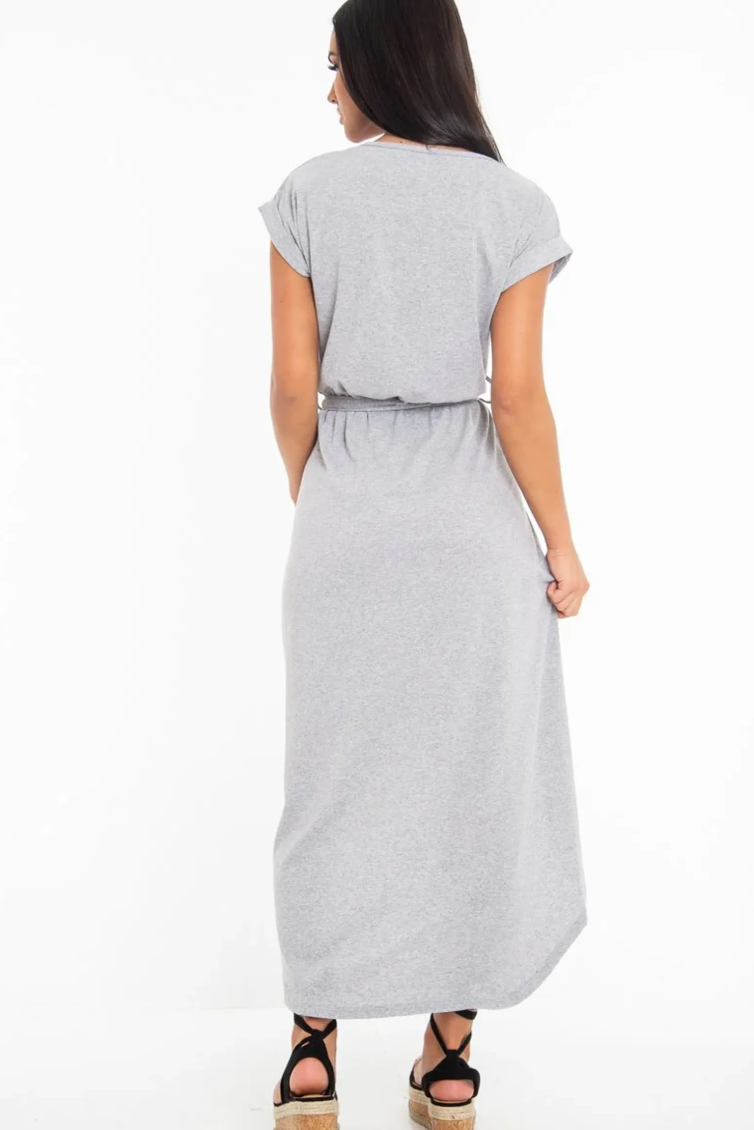 Rebellious Fashion Grey Scoop Neck Belted Wrap Maxi Dress - Allie