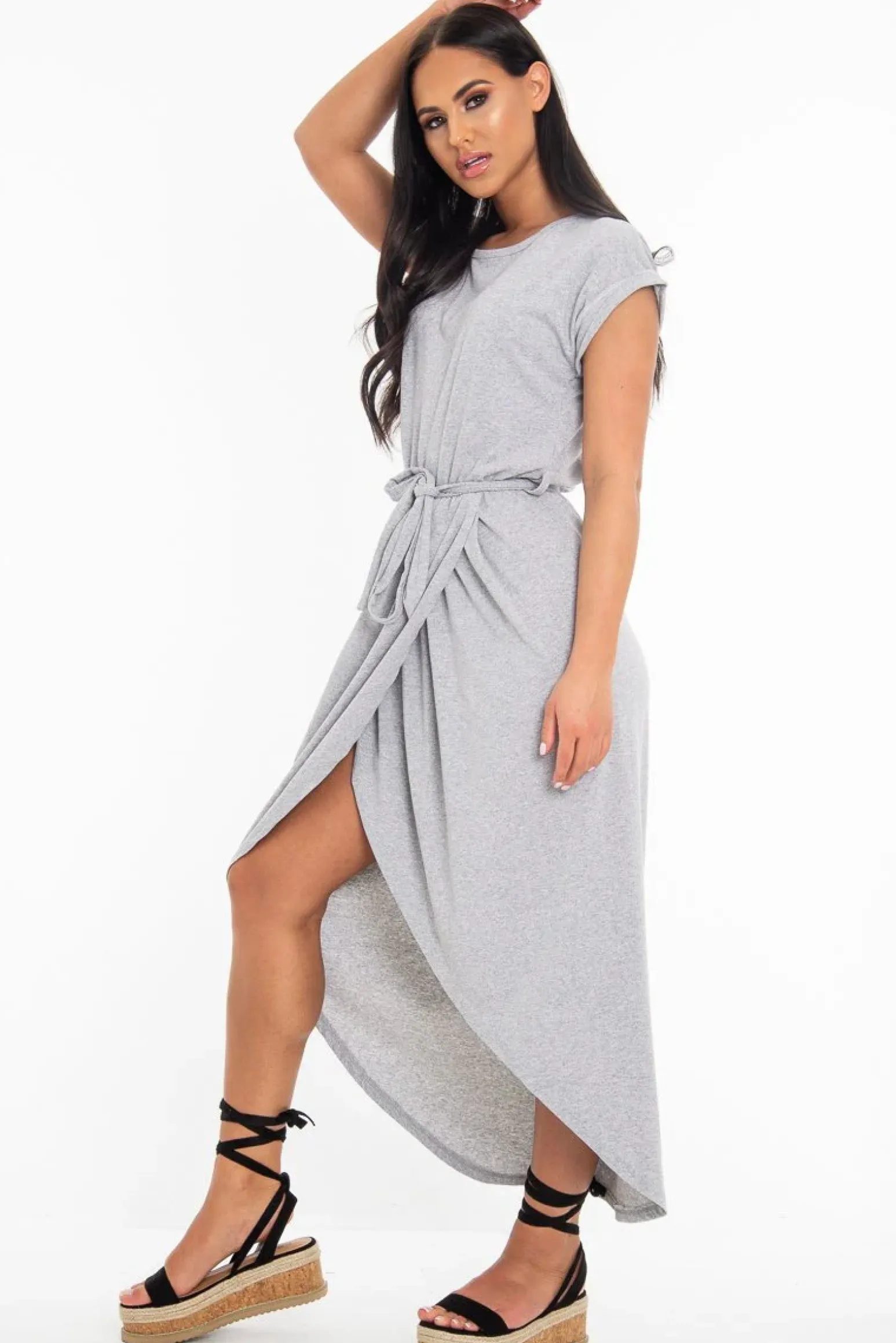 Rebellious Fashion Grey Scoop Neck Belted Wrap Maxi Dress - Allie