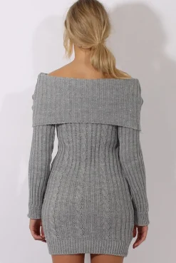 Rebellious Fashion Grey Sparkle Knit Bardot Jumper Dress - Kasey
