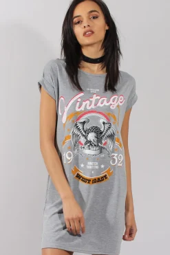 Rebellious Fashion Grey Vintage Eagle T-Shirt Dress - Eloise