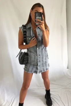 Rebellious Fashion Grey Wash Distressed Sleeveless Denim Shirt Dress - Idaliz