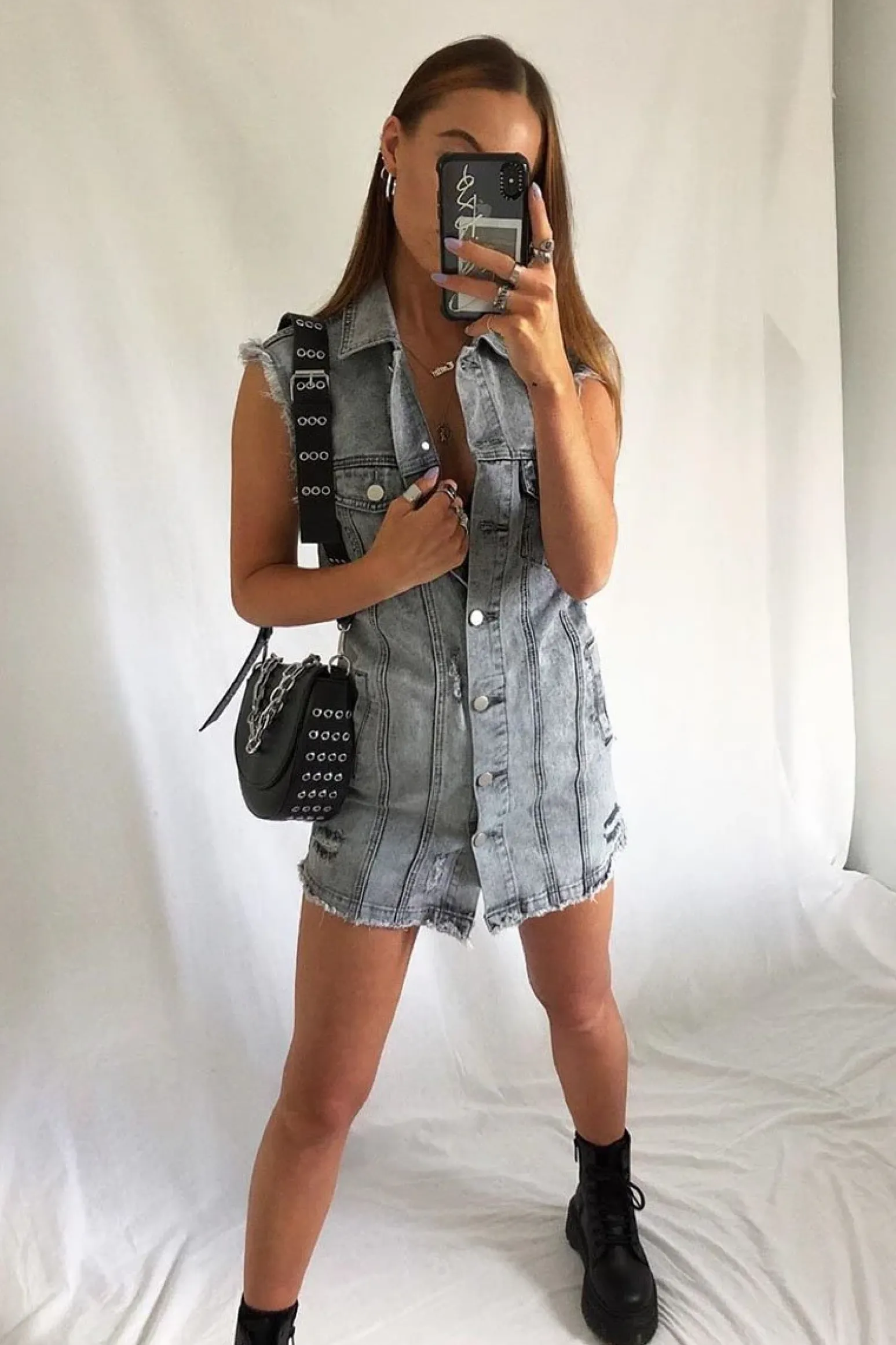 Rebellious Fashion Grey Wash Distressed Sleeveless Denim Shirt Dress - Idaliz