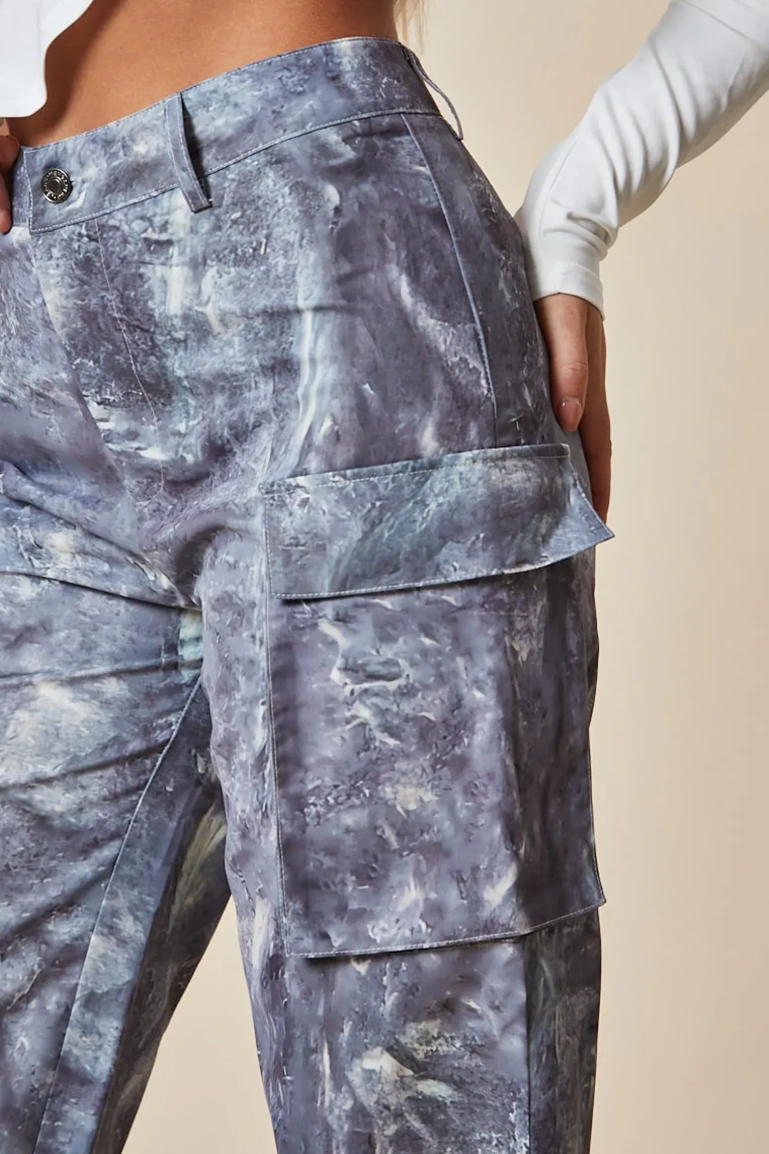 Rebellious Fashion Grey Abstract Print Tie Hem Cargo Trousers - Fern