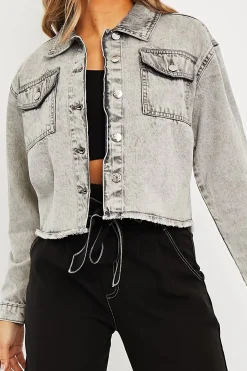 Rebellious Fashion Grey Acid Frayed Hem Cropped Denim Jacket - Caryn