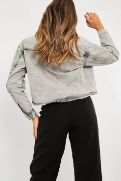 Rebellious Fashion Grey Acid Frayed Hem Cropped Denim Jacket - Caryn