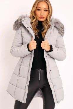 Rebellious Fashion Grey Adjustable Back Long Puffer Coat - Maezie