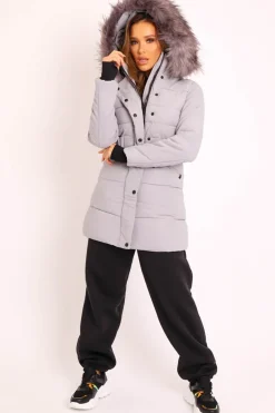 Rebellious Fashion Grey Adjustable Waist Longline Puffer Coat - Zofia