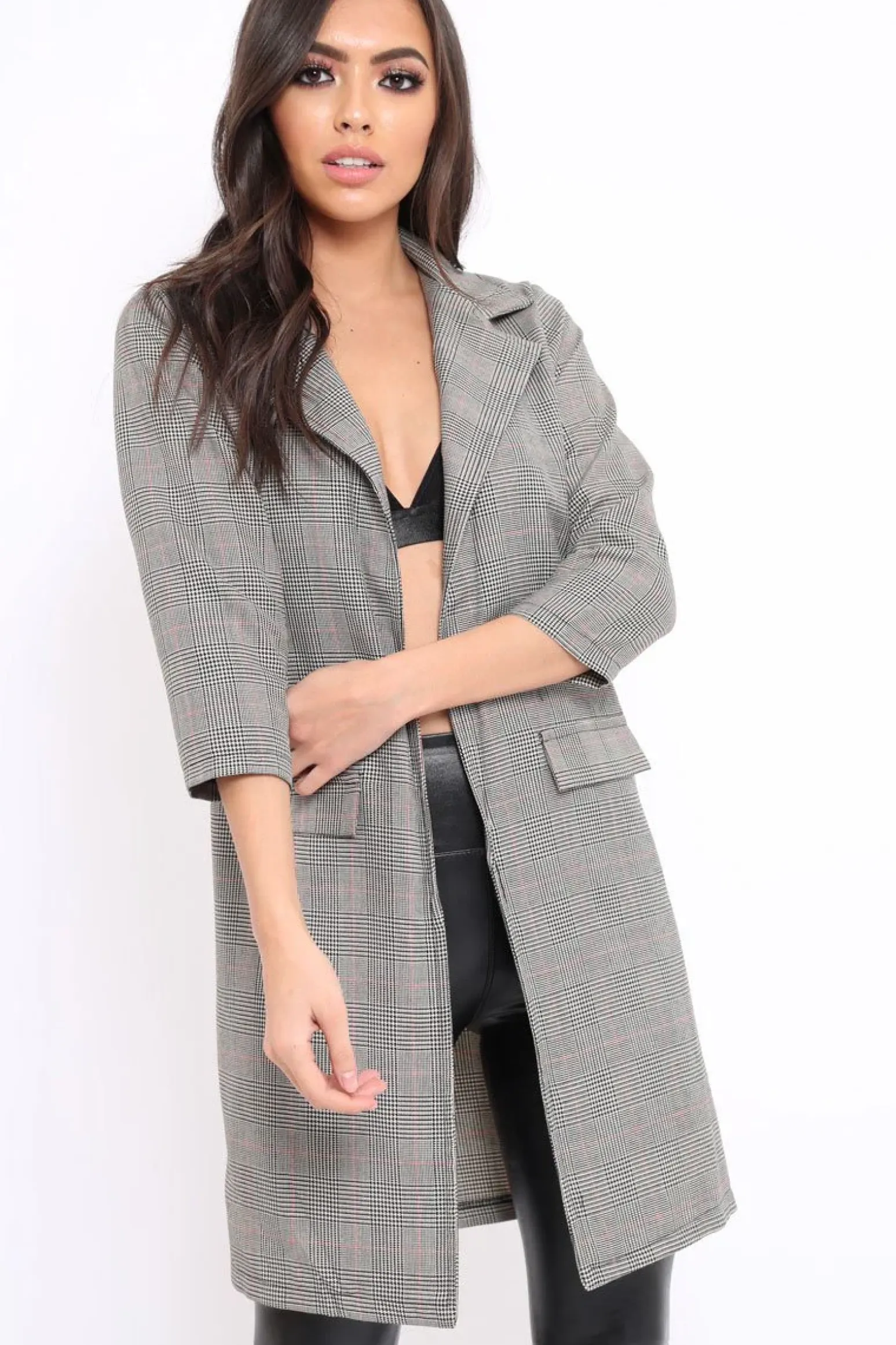 Rebellious Fashion Grey and Red Tartan Long Blazer - Corrine
