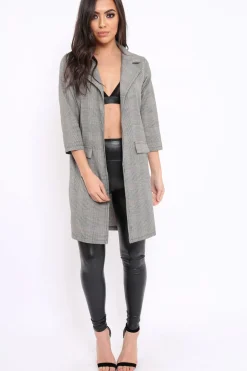 Rebellious Fashion Grey and Red Tartan Long Blazer - Corrine