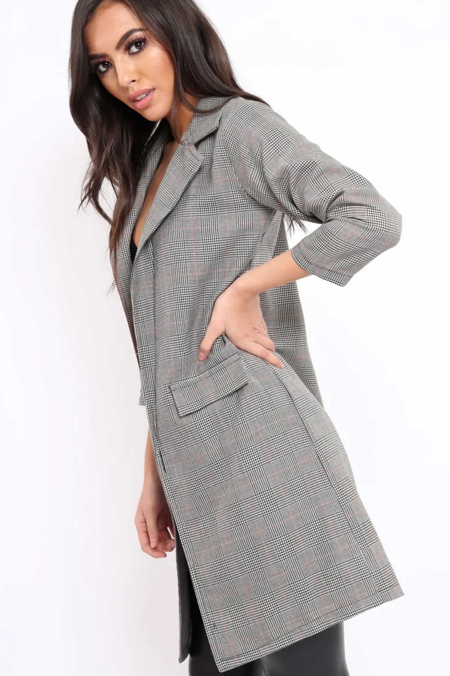Rebellious Fashion Grey and Red Tartan Long Blazer - Corrine