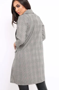 Rebellious Fashion Grey and Red Tartan Long Blazer - Corrine