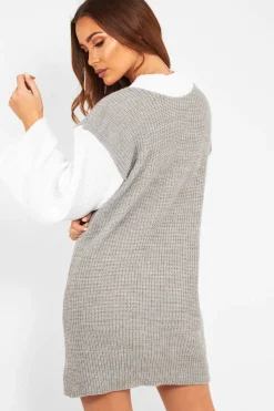 Rebellious Fashion Grey And White Knitted High Neck Oversized Jumper - Cerina