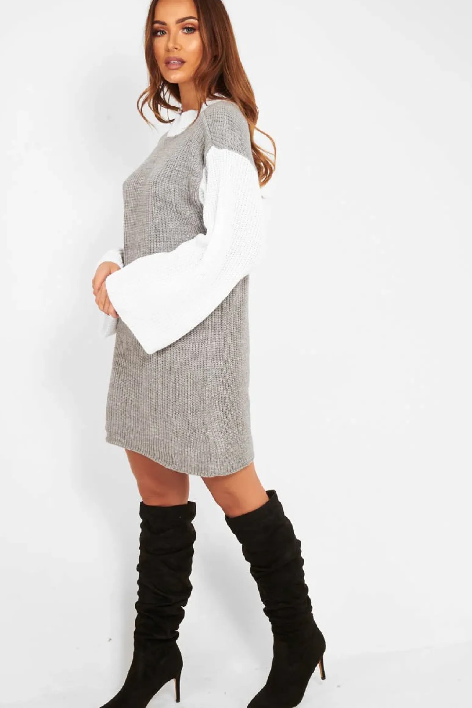 Rebellious Fashion Grey And White Knitted High Neck Oversized Jumper - Cerina