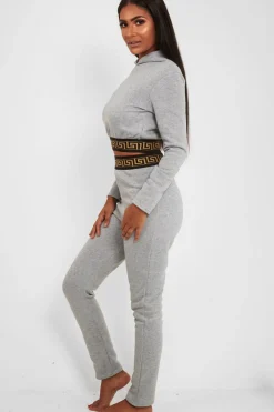 Rebellious Fashion Grey Aztec Trim Loungewear Set - Galena