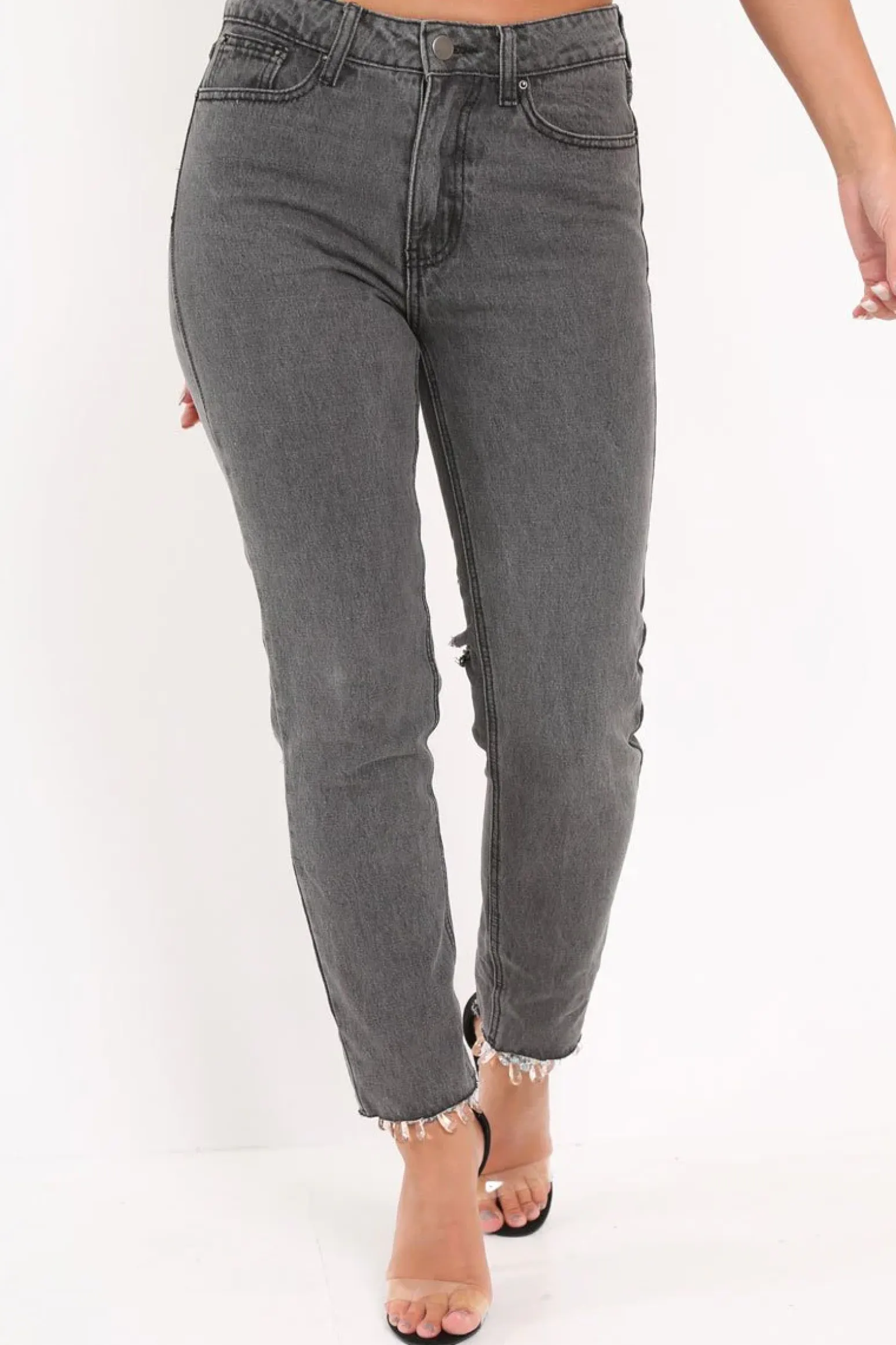 Rebellious Fashion Grey Back Rip Mom Jeans - Shanice