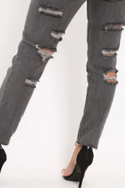 Rebellious Fashion Grey Back Rip Mom Jeans - Shanice