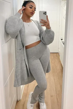 Rebellious Fashion GREY BALLOON SLEEVE LONGLINE KNIT CARDIGAN - ABBIE