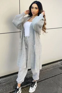 Rebellious Fashion GREY BALLOON SLEEVE LONGLINE KNIT CARDIGAN - ABBIE