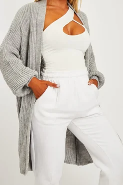 Rebellious Fashion GREY BALLOON SLEEVE LONGLINE KNIT CARDIGAN - ABBIE