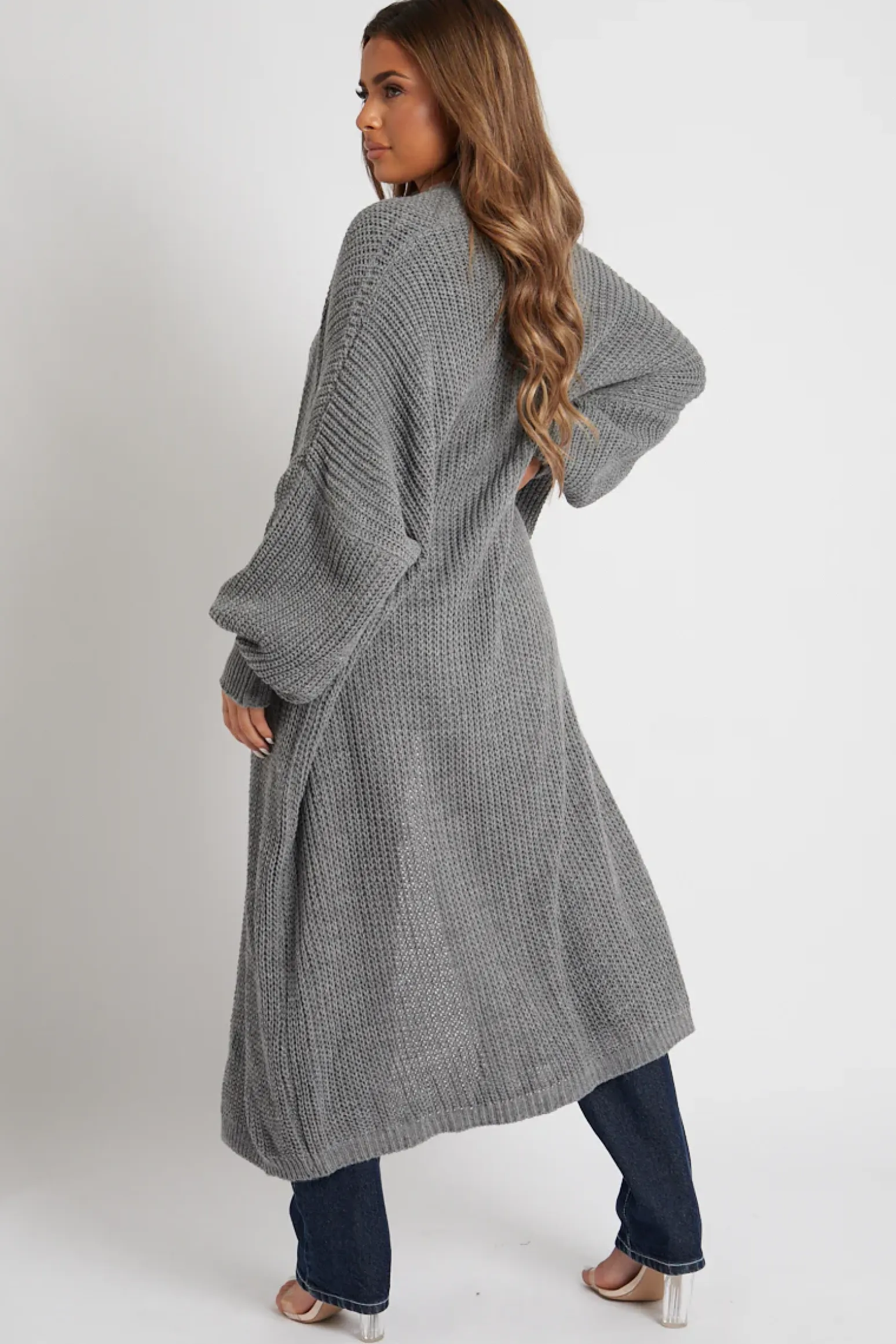 Rebellious Fashion Grey Balloon Sleeve Maxi Knit Cardigan - Imara