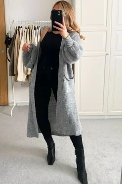 Rebellious Fashion Grey Balloon Sleeve Maxi Knit Cardigan - Imara