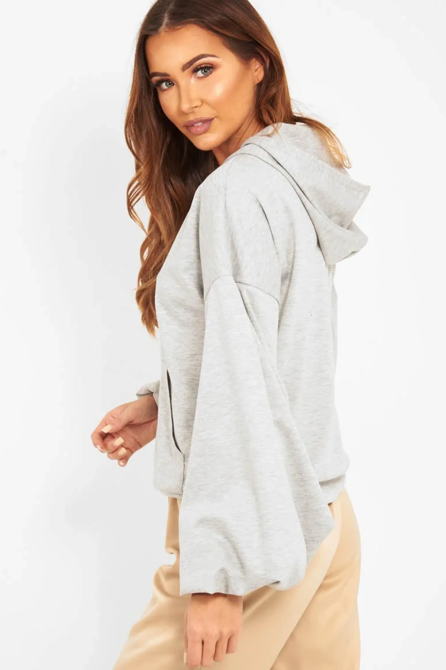 Rebellious Fashion Grey Balloon Sleeve Pocket Front Hoodie - Lainee