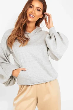 Rebellious Fashion Grey Balloon Sleeve Pocket Front Hoodie - Lainee