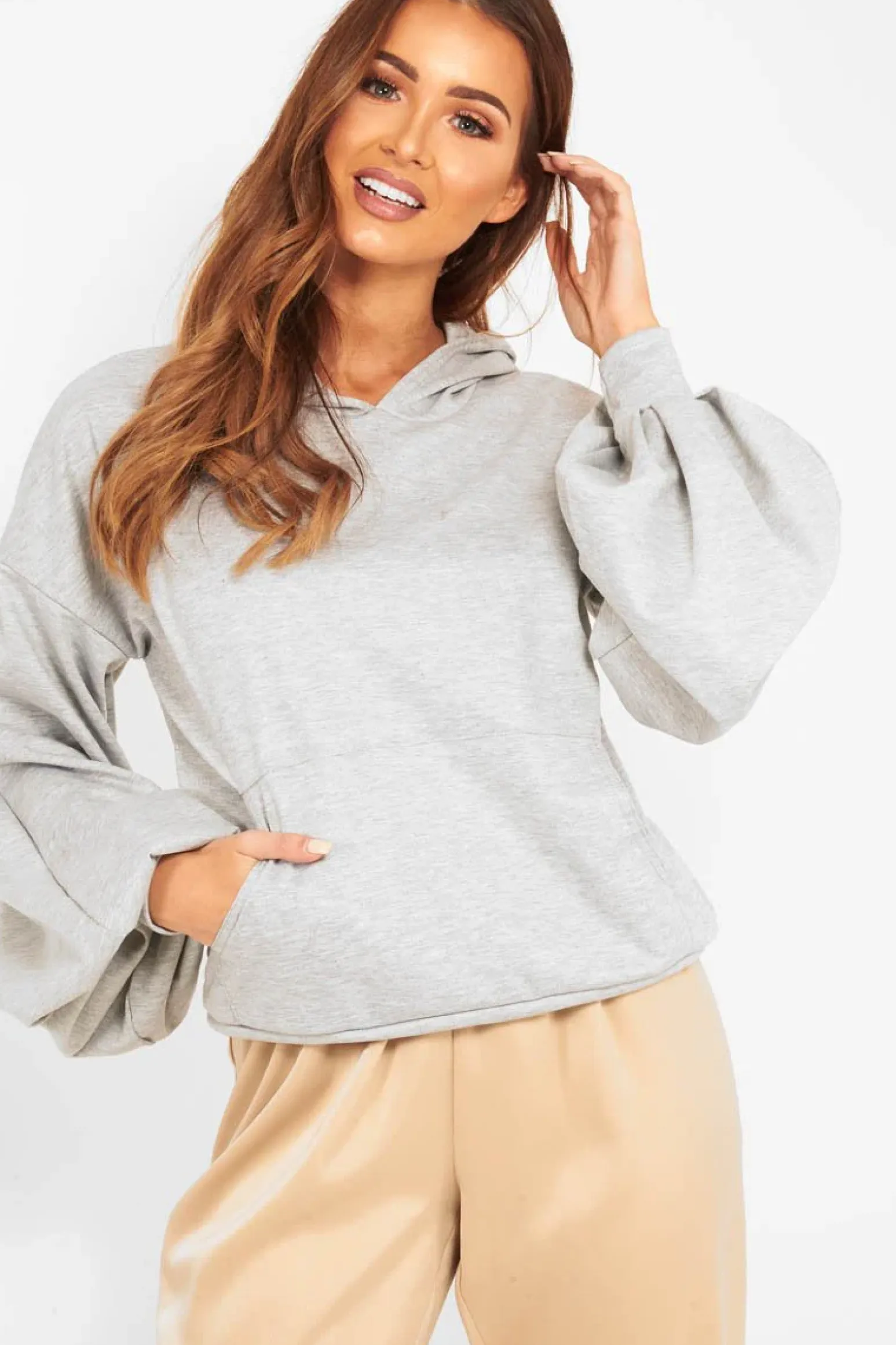 Rebellious Fashion Grey Balloon Sleeve Pocket Front Hoodie - Lainee