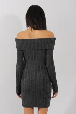 Rebellious Fashion Grey Bardot Cable Knit Jumper Dress - Peeta