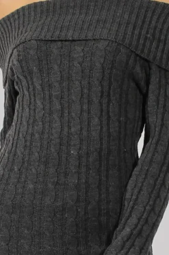 Rebellious Fashion Grey Bardot Cable Knit Jumper Dress - Peeta