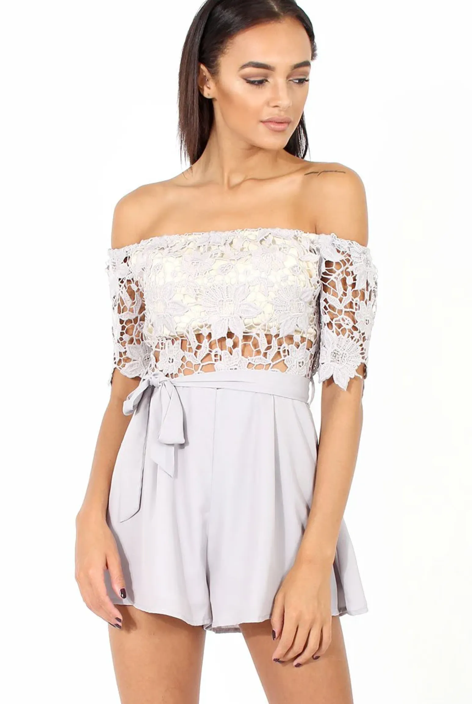Rebellious Fashion Grey Bardot Crochet Playsuit - Wynn