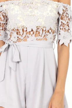 Rebellious Fashion Grey Bardot Crochet Playsuit - Wynn