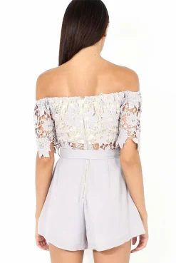 Rebellious Fashion Grey Bardot Crochet Playsuit - Wynn