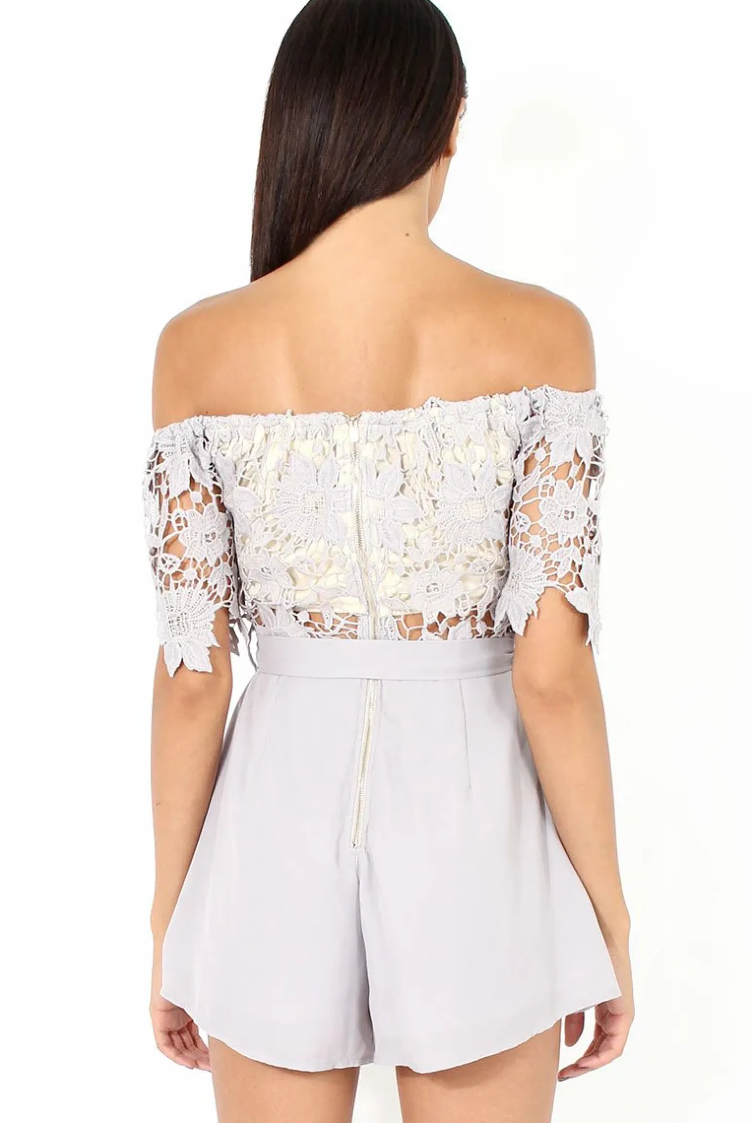 Rebellious Fashion Grey Bardot Crochet Playsuit - Wynn