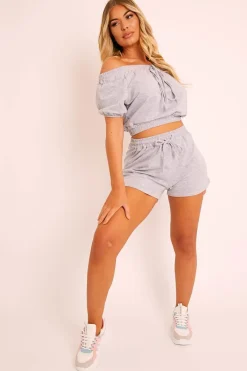 Rebellious Fashion Grey Bardot Crop and Shorts Loungewear Co-ord - Jahari
