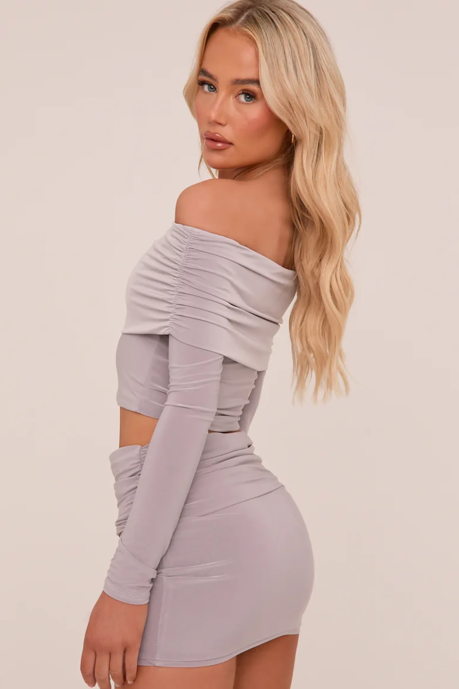 Rebellious Fashion Grey Bardot Cropped Top & Mini Skirt Co-ord Set - Ariel
