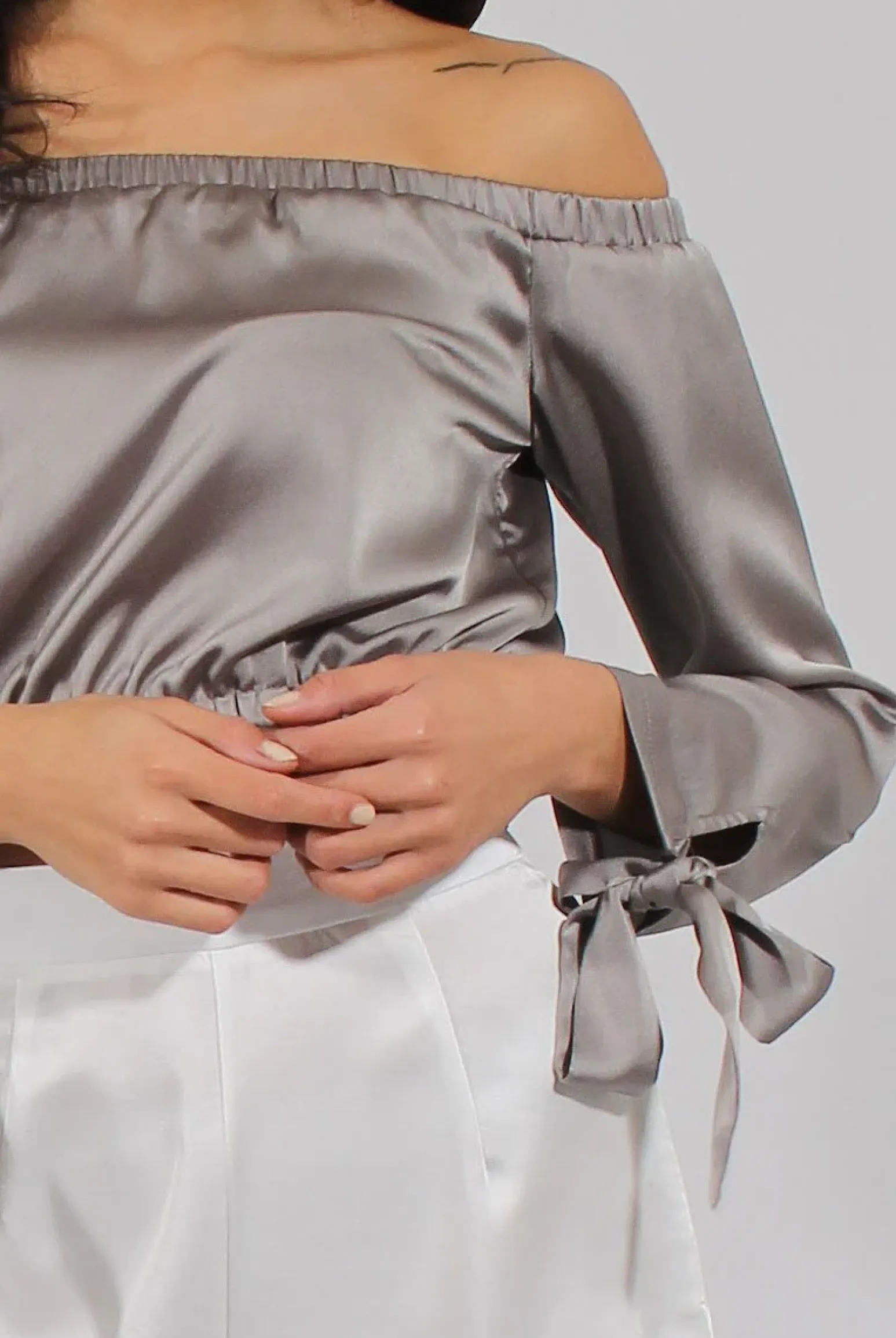 Rebellious Fashion Grey Bardot Crop Top - Sasha