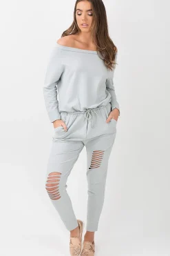 Rebellious Fashion Grey Bardot Distressed Jumpsuit - Bethan