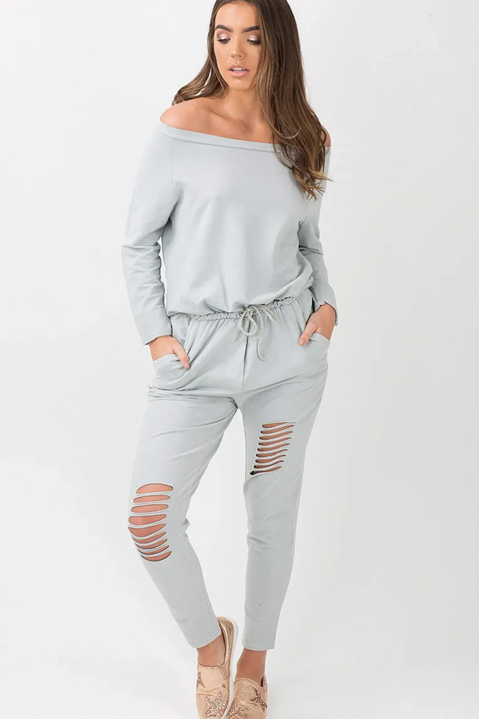 Rebellious Fashion Grey Bardot Distressed Jumpsuit - Bethan