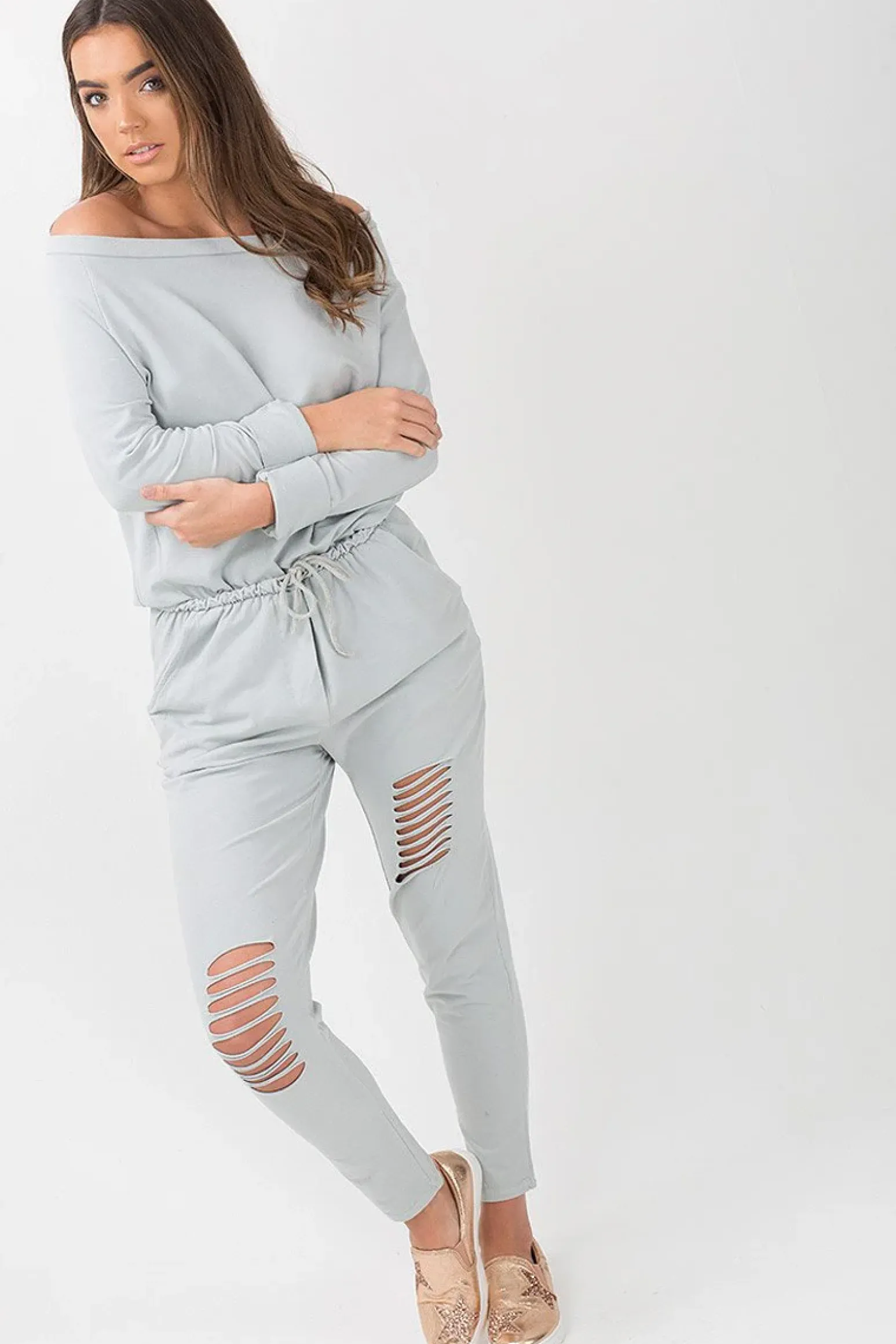 Rebellious Fashion Grey Bardot Distressed Jumpsuit - Bethan
