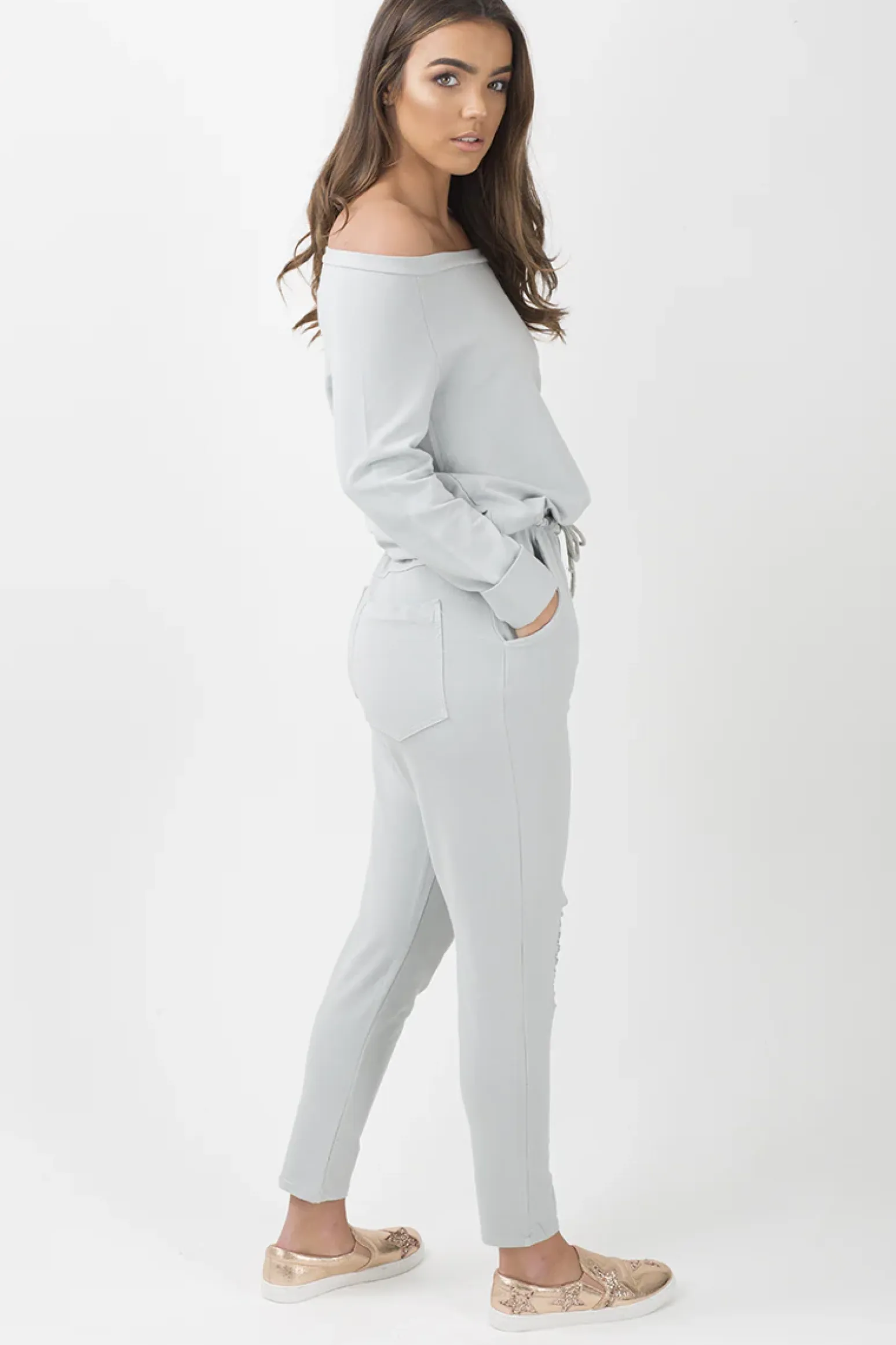 Rebellious Fashion Grey Bardot Distressed Jumpsuit - Bethan