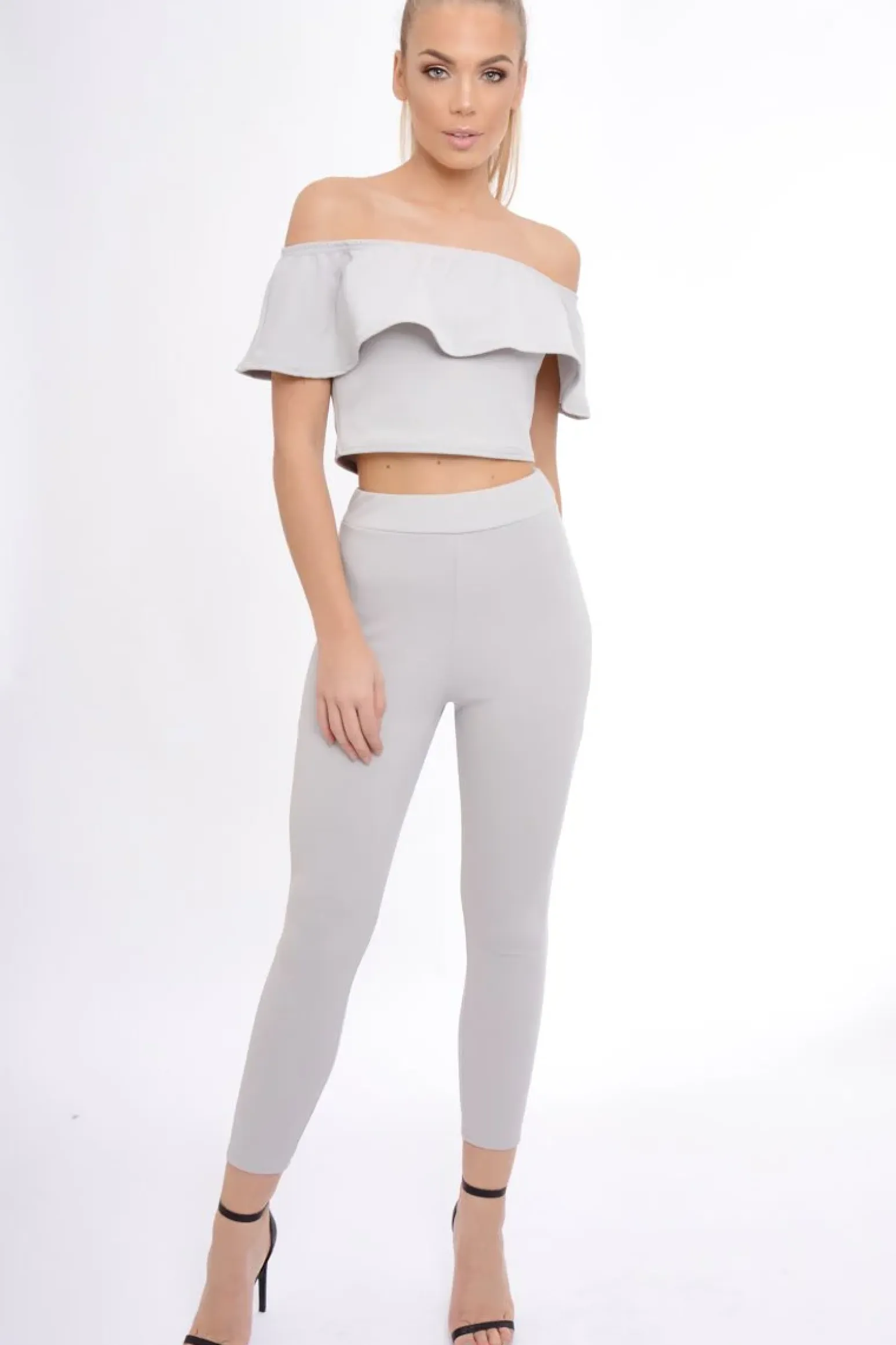 Rebellious Fashion Grey Bardot Frill Co-ord - Kammie